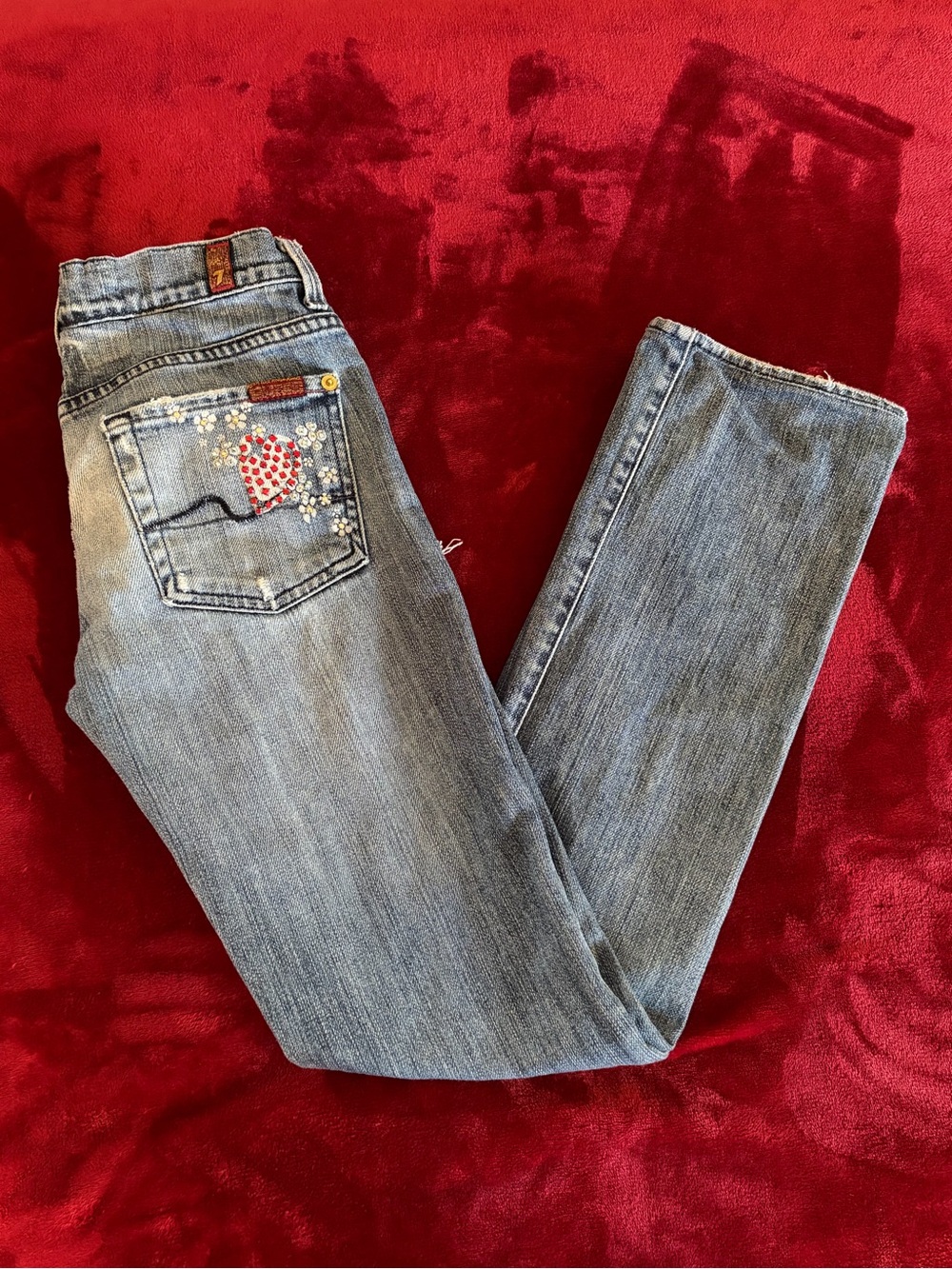 VTG Y2K 7 For All Man Kind x The Great China Wall Crystal Heart ❤️ Jeans Size 24